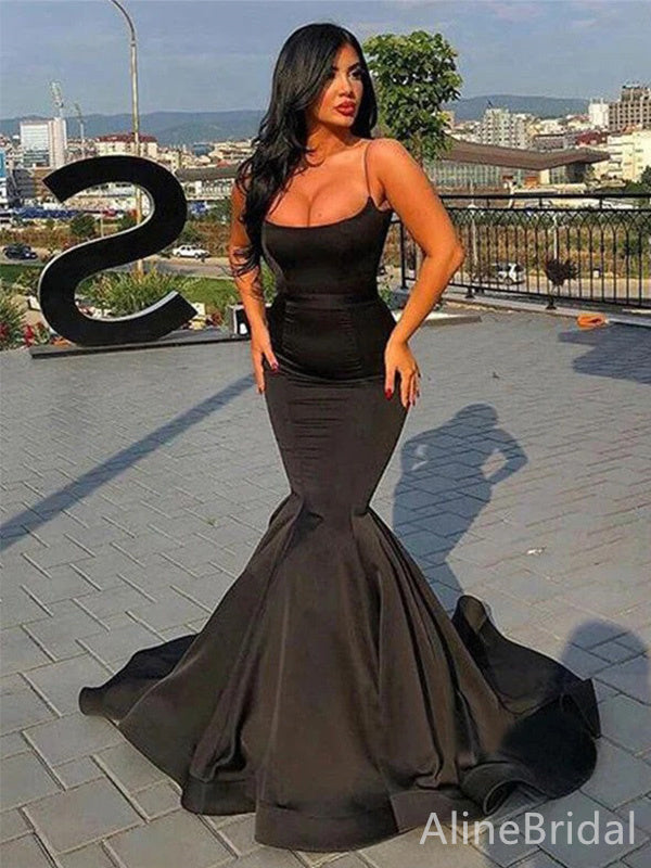 Elegant Black Spaghetti Strap Mermaid Prom Dress with Train, PD37842