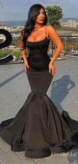 Elegant Black Spaghetti Strap Mermaid Prom Dress with Train, PD37842