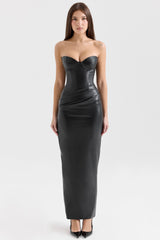 black strapless vegan leather midi dress