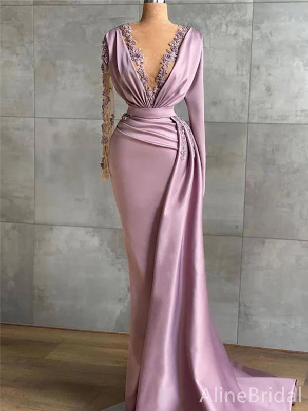 Elegant Purple V-neck Long Sleeves Mermaid Prom Dress-Long Lace Trim Evening Dress, PD37865