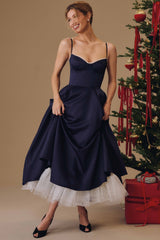 navy satin tulle midi dress