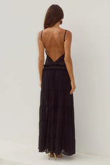 ROSETTA BACKLESS TIERED MAXI DRESS - BLACK