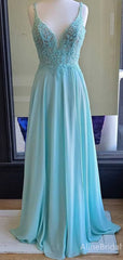 Elagant Aqua Blue Chiffon V-neck A-line Long Prom Dress-Spaghtti Straps Lace Applique Evening Dress, PD37915