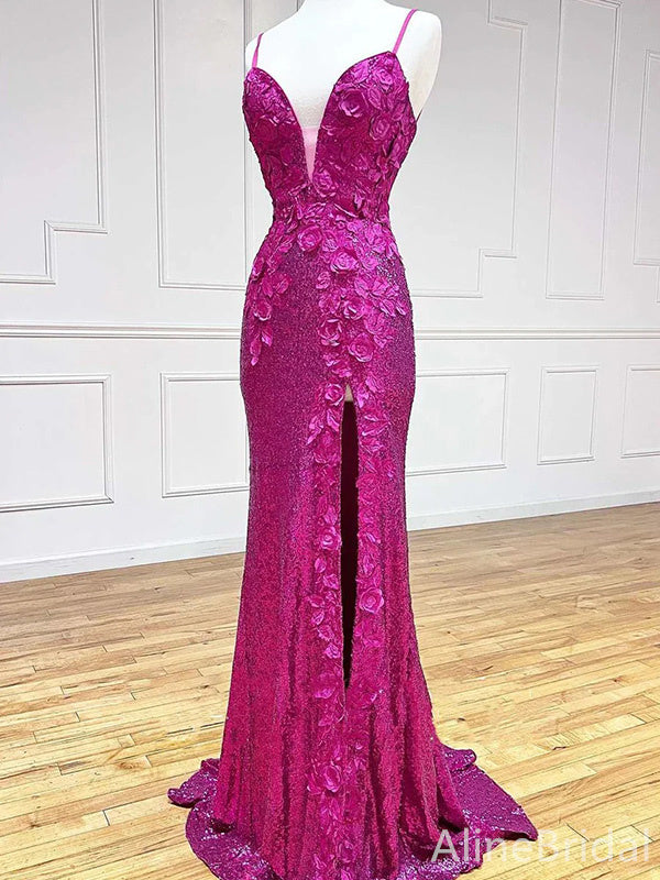 Sexy Hot Pink 3-D Floral High Slit Mermaid Prom Dress-Deep V-neck Evening Gown, PD37916