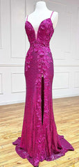 Sexy Hot Pink 3-D Floral High Slit Mermaid Prom Dress-Deep V-neck Evening Gown, PD37916