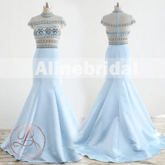 Stunning Pale Blue  Beaded See Through Top Cap Sleeve Mermaid Prom Dresses,PD00066
