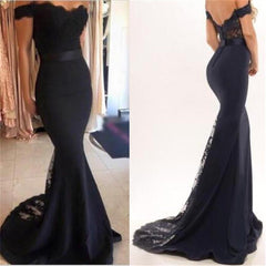 Sexy Black Tulle Off Shoulder Low Back Mermaid Prom Dress, Lace Trim Evening Dress, PD0163