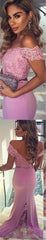 Long Off Shoulder V-Back Pink Lace Applique Cocktail Dress- Evening Party Prom Dress Online,PD0169