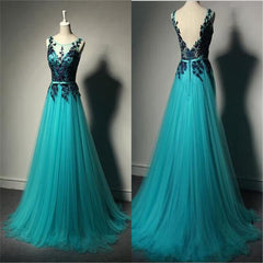 Unique Green Tulle A-line Long Prom Dress-Purple Lace Applique Evening Dress, PD0202