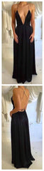 Long Black Spaghetti Straps Simple Deep V-neck Open Back Sexy Party Prom Dress,PD0060
