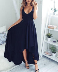 Charming  High Low Navy Blue Sleeveless Simple  Long  Prom Dresses, PD00025