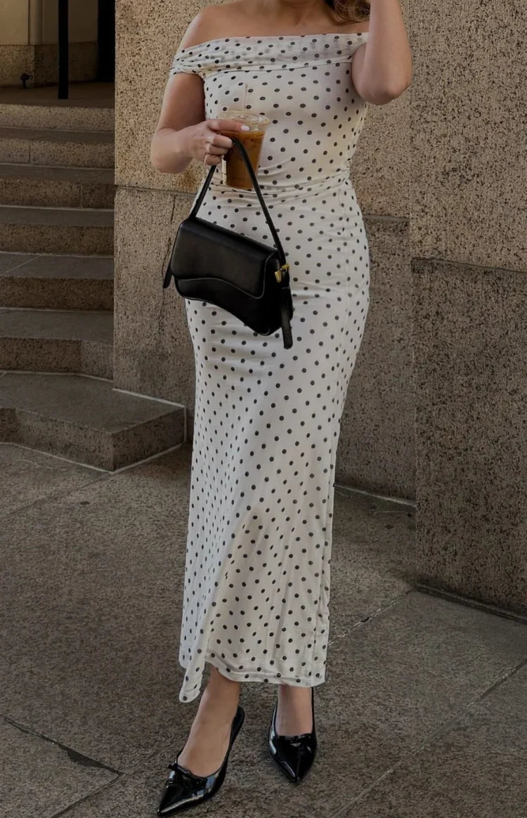 Cole White Polka Mesh Prom Dress