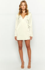 Kasya Cream Satin Long Sleeve Mini Dress