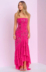 Khai Pink Ruffle Maxi Beaded Dress