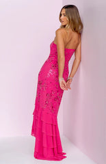 Khai Pink Ruffle Maxi Beaded Dress