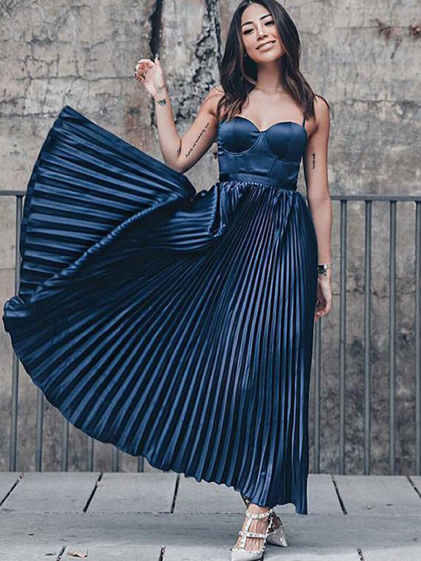 Elegant Navy Blue Spaghetti Strap A-line Midi Prom Dresses, Corset Pleated Evening Dress, PD00194