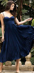 Elegant Navy Blue Spaghetti Strap A-line Midi Prom Dresses, Corset Pleated Evening Dress, PD00194