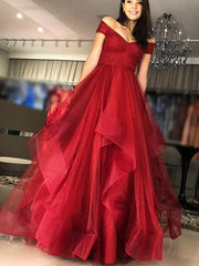 Off Shoulder Sparkly Red Sequin Tulle Ruffles Ball Gown Prom Dresses.PD00261