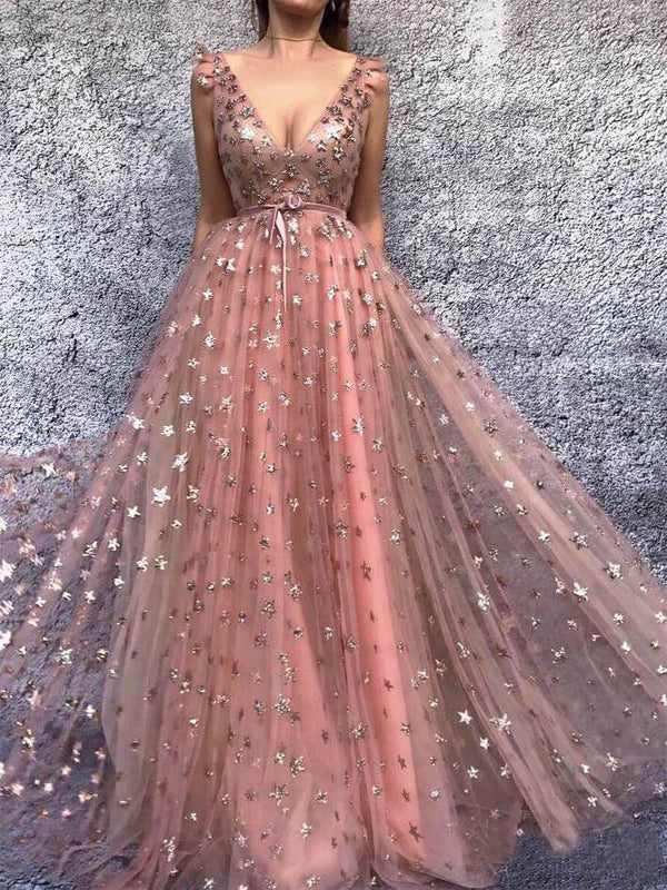 Sparkly Peach Pink Star Sequins A-line Tulle Prom Dress, PD00287