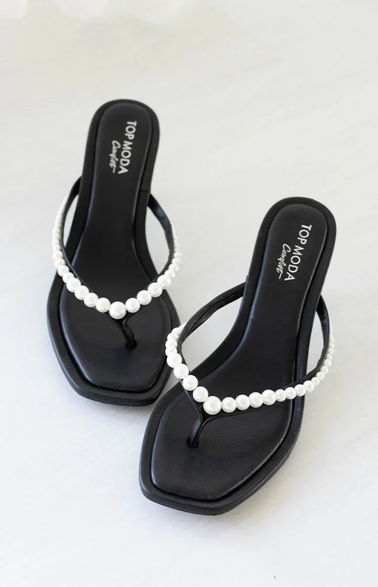 Selena Black Pearl Detail Thong Heels