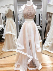 Two Pieces Beaded Unique Light Pink Charming Vintage Formal Evening Prom Dresses. AB0305