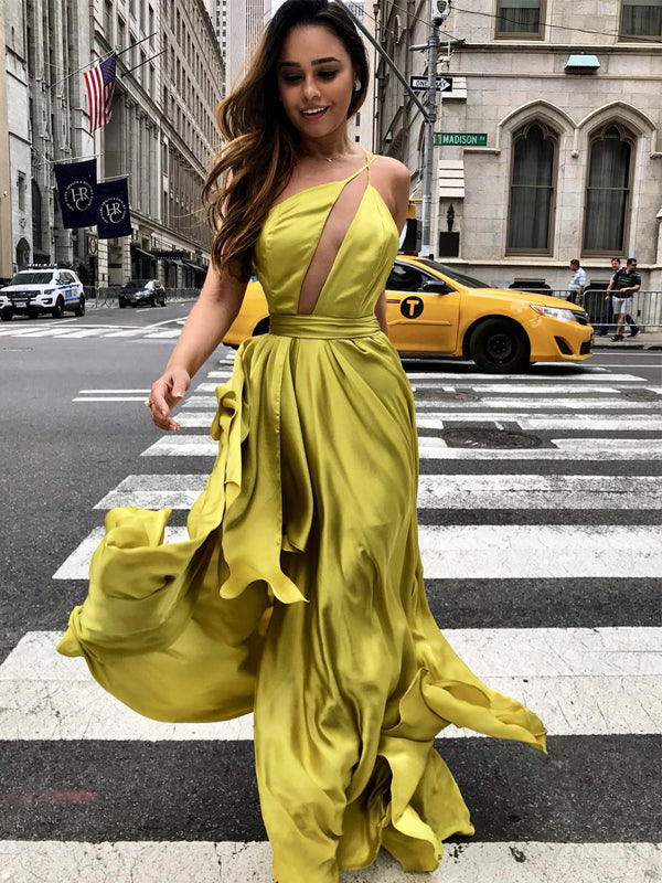 Unique One Shoulder Backelss Yellow Prom Dresses, Evening Dress, PD00197