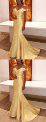 Yellow Satin With Beads Unique Strapless Mermaid Prom Dresses.PD00226
