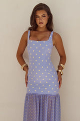 TILLIE SHEER BOTTOM MAXI DRESS - PERIWINKLE/LEMON POLKA