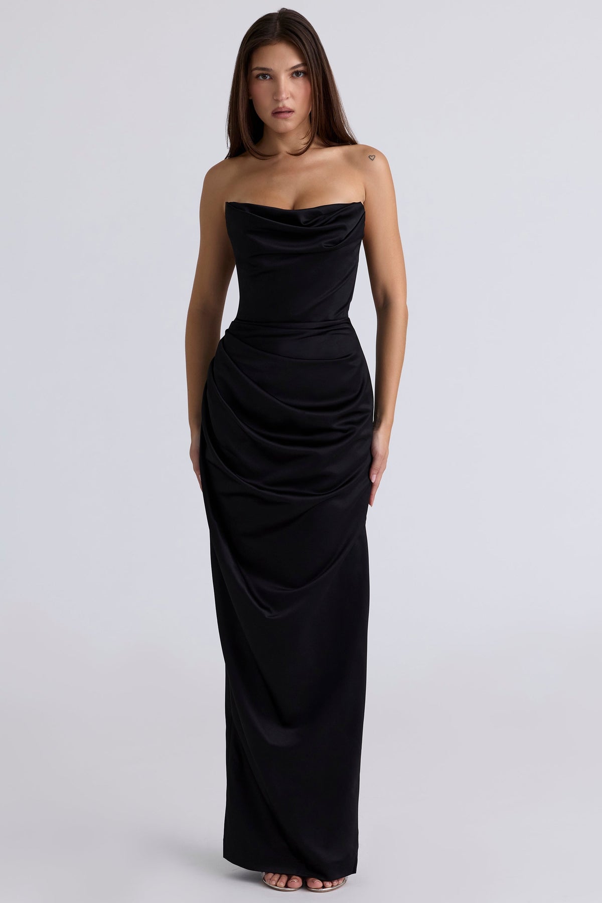 black satin strapless corset maxi