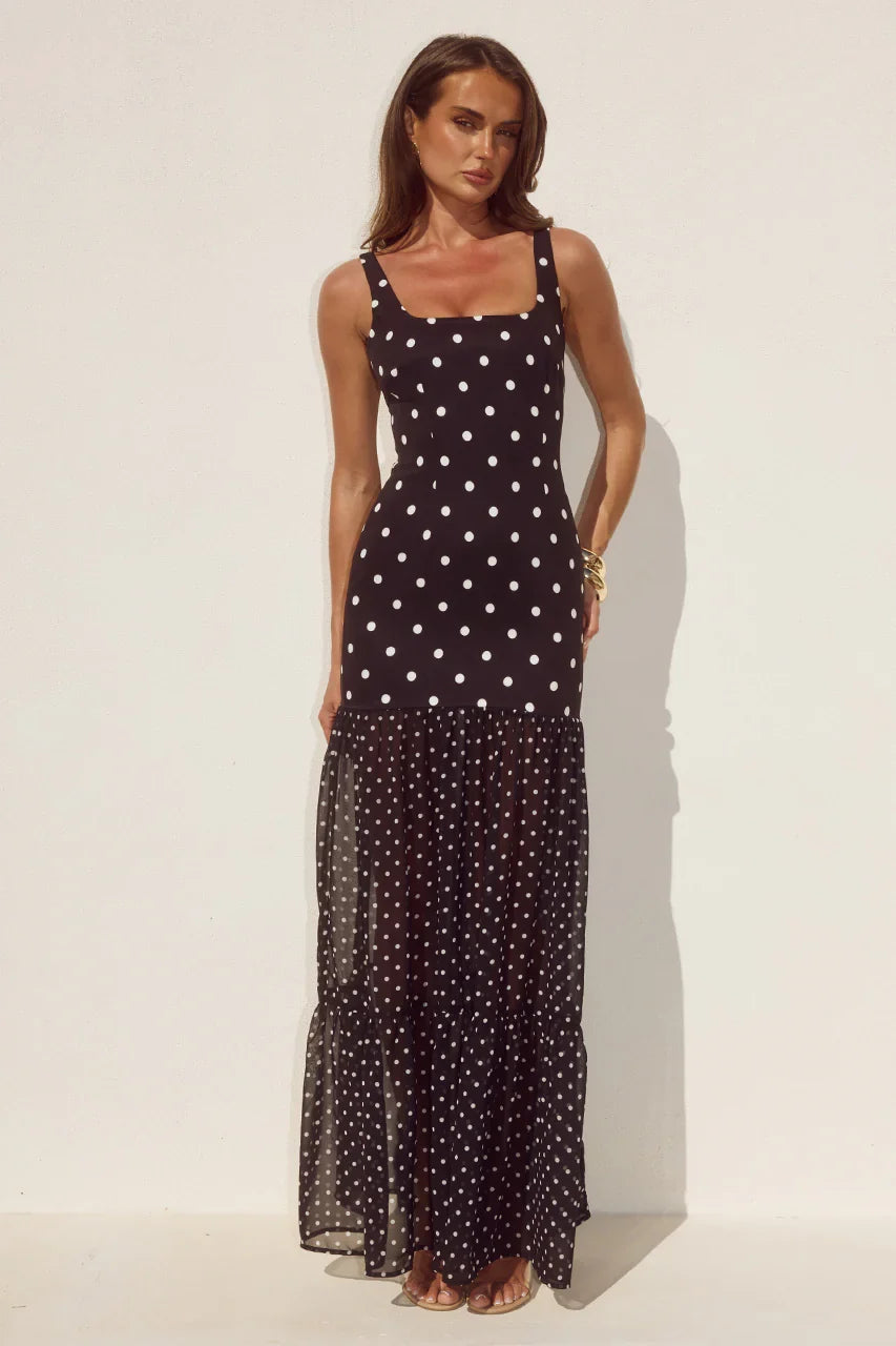 TILLIE SHEER BOTTOM MAXI DRESS - BLACK/WHITE POLKA