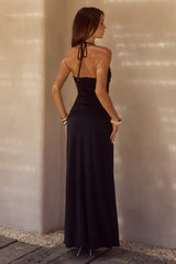NINA RUCHED HALTER MAXI DRESS - BLACK