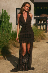 ANNELISE V-NECK RUFFLE MAXI DRESS - BITTER CHOCOLATE