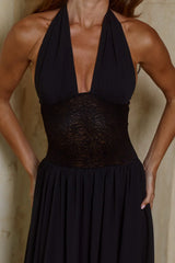 FERNANDA PLUNGE HALTER MAXI DRESS - BLACK