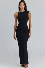 black asymmetric draped maxi dress