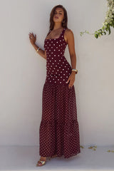 TILLIE SHEER BOTTOM MAXI DRESS - WINE/WHITE POLKA