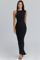 black asymmetric draped maxi dress