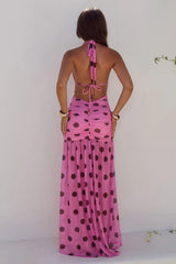 ADRIANNA PLUNGE RUCHED MAXI DRESS - MUSK/CHOC POLKA
