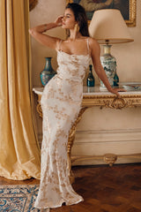 white & gold jacquard satin gown