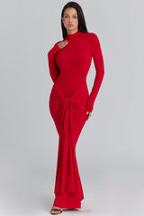 scarlet red hip drape maxi dress