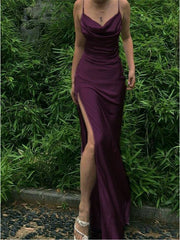 Simple Cowl Neck Purple Slit Mermaid Prom Dress, PD3646