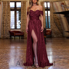 Sexy Burgundy Glitter Off Shoulder High Slit Prom Dress-Fitted Mermaid Evening Gown, PD3610
