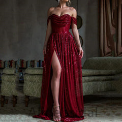 Sexy Burgundy Glitter Off Shoulder High Slit Prom Dress-Fitted Mermaid Evening Gown, PD3610