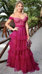 Sexy Fuchsia Off Shoulder Ruffles Tulle A-line Long Prom Dress-Tiered Evening Dress, PD3318
