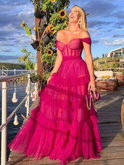 Sexy Fuchsia Off Shoulder Ruffles Tulle A-line Long Prom Dress-Tiered Evening Dress, PD3318